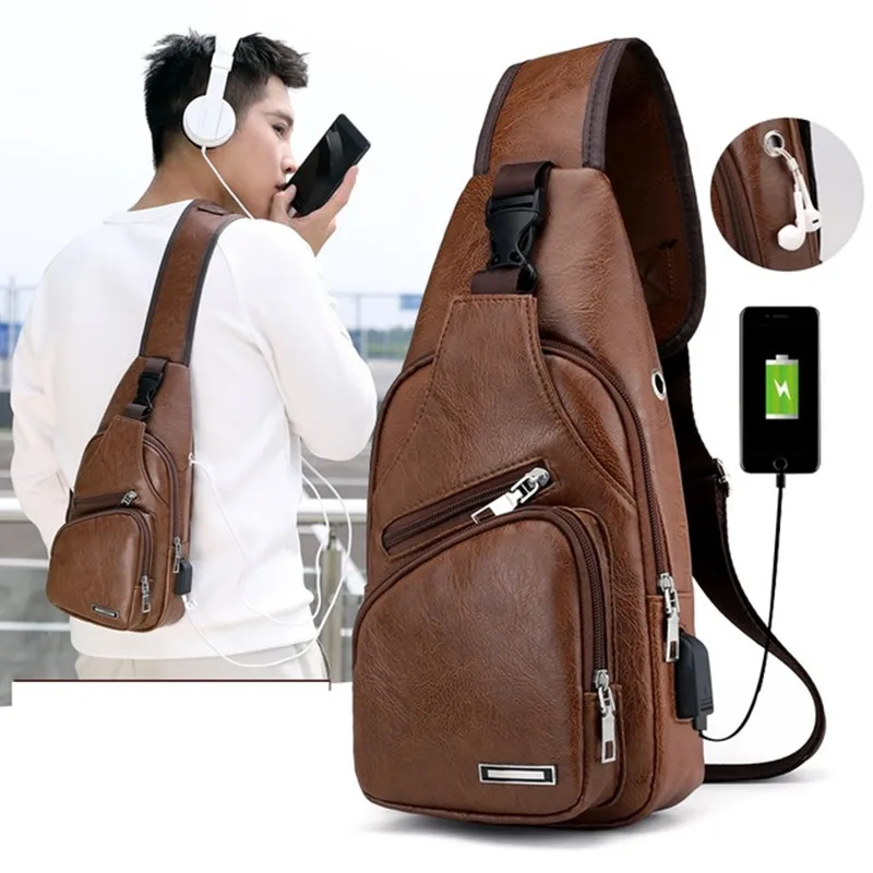 الرجال Crossbody أكياس الرجال USB حقيبة صدر للرجال مصمم حقيبة ساعي جلدية حقائب كتف قطري حزمة 2018 جديد عودة حزمة السفر