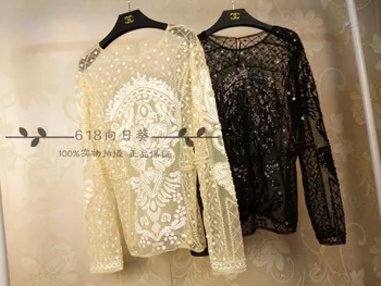 

2019 Real Sale Body Women Shirts Authentic Palace Retro Pleasure Slim Luxury Heavy Industry Diamond Bead Pork Lace Shirt Blades