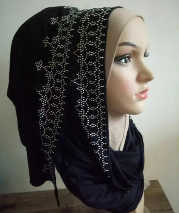 

wrap scarf hijab shiny rhinestones jersey fabric solid color shawl cool stretchy cotton soft 8 colors 20pcs/lot