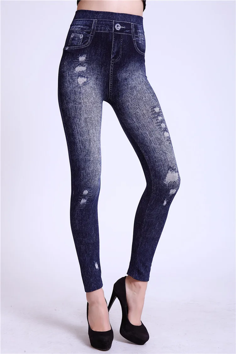 Fashion Slim Women Spring Summer Leggings Faux Denim Jeans Leggings Long Floral Printing Casual Pencil Pants Thin Fleece Inside white leggings