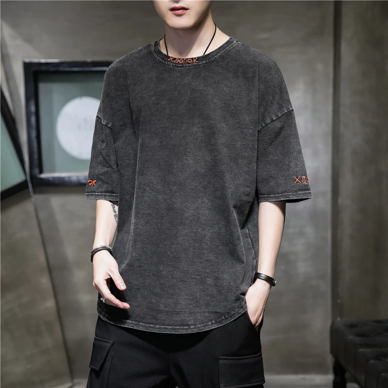 

Lenstid 2019 new men's T-shirt fashion cotton T-shirt men's solid color loose casual street hip-hop T-shirt men's shirtTX1901