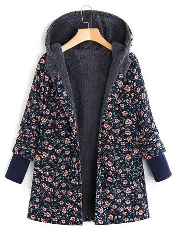 QPFJQD Женская хлопковая толстовка на молнии, верхняя одежда, Женская Винтажная с цветочным принтом, с капюшоном, весна-осень, куртка на молнии, пальто - Цвет: Тёмно-синий