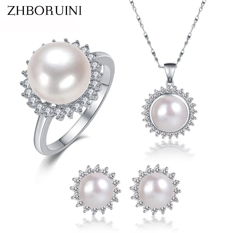 

2015 Fashion Pearl Jewelry Sets Natural Freshwater Pearls Necklace Earrings Ring 925 Sterling Silver Jewelry Pendants For Women
