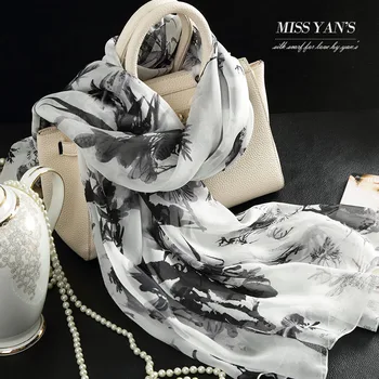 

Genuine Silk Women Scarf Fashion Classic Chinese Ink Floral Print Scarves 2017 Spring Summer Winter Good Quality Shawl