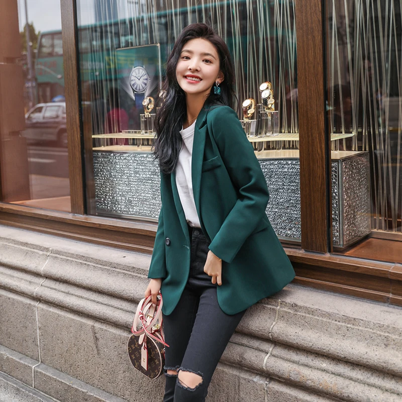 SuitSolid длинный стильный женский костюм темно-зеленый пиджак и Блейзер Женский Зубчатый воротник женские Блейзеры feminino повседневный костюм рабочая одежда