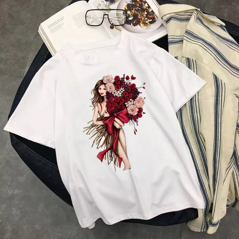

Hug Big Rose Harajuku T Shirt Women White Summer Ulzzang Tops Vogue Camiseta Mujer Graphic Tee Shirt Femme Plus Size Streetwear