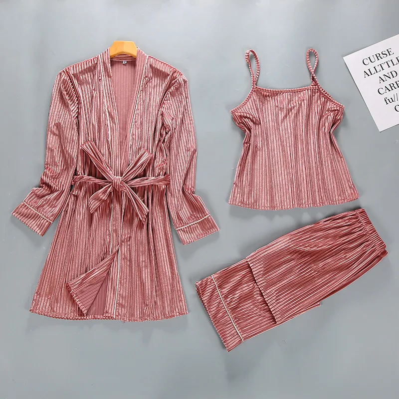 

2018 NEW Womens 3PC Strap Top Pants Suit Night Robe Sleepwear Sets Casual Pajamas Sexy Nightwear Kimono Bath Gown M L XL