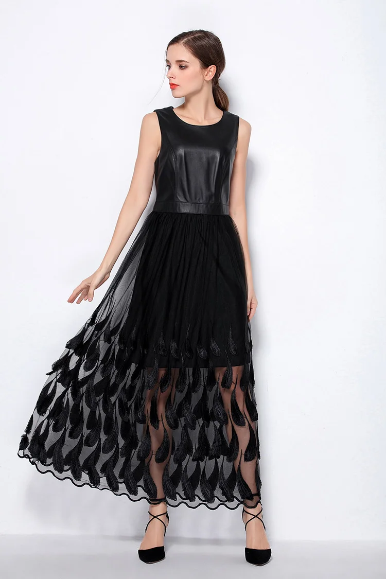 Весеннее и осеннее женское платье из натуральной кожи черное с вышивкой перо женское сексуальное тонкое длинное платье из натуральной кожи плиссированное платье