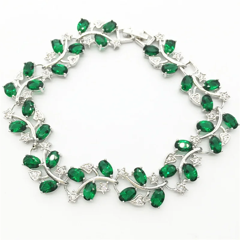 Стиль Дерево листьев Серебряный браслет-цепочка и Для женщин зеленый гранат белый цвет циркон ювелирных изделий 8 дюймов 20 см