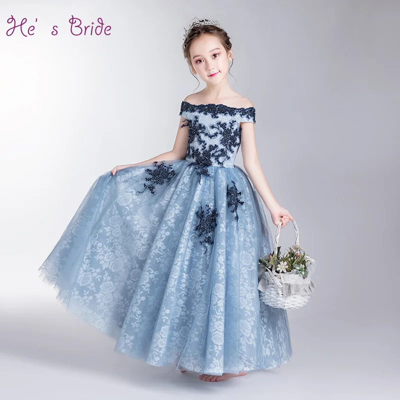 He's Bridal/Голубое фатиновое платье в пол с вырезом лодочкой для невесты нарядные платья для причастия на заказ для девочек свадебное платье, Vestido Da Menina De Flor