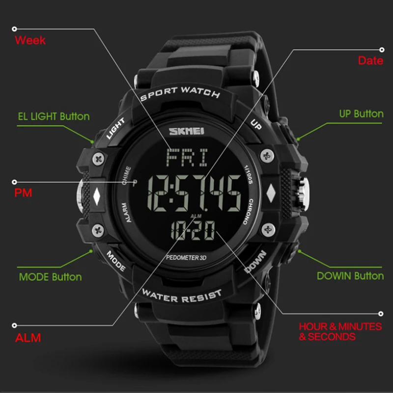 SKMEI Men Sports Watches 3D Pedometer Heart Rate Monitor Calories Counter 50M Waterproof Digital LED Men's Wristwatches