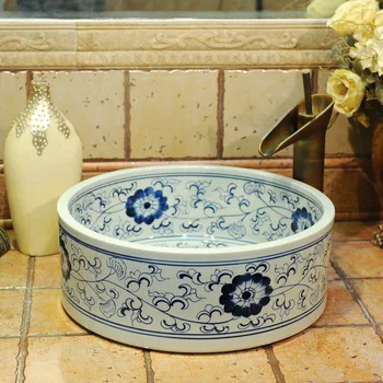 

China Artistic Handmade Counter top Basin Sink Handmade Ceramic Bathroom Vessel Sink blue white ceramic wash basin bathroom sink