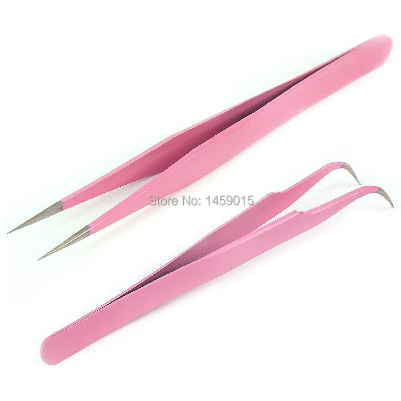 

2 Pcs ESD Nonmagnetic Stainless Steel Hyperfine High Precision Tweezers Eyelash Extension Makeup Kit Curved & Straight Pink