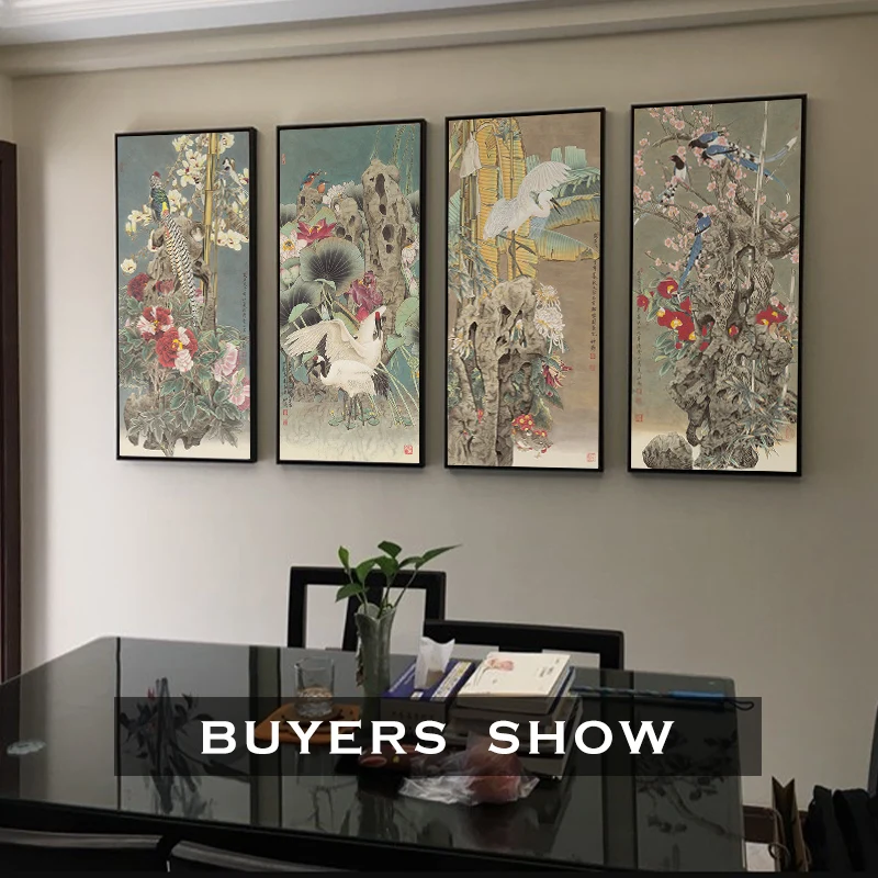 Художественная картина с цветами и птицами в китайском ретро стиле, четыре сезона, пейзаж, печать, плакат, Декор для дома, гостиной, картина