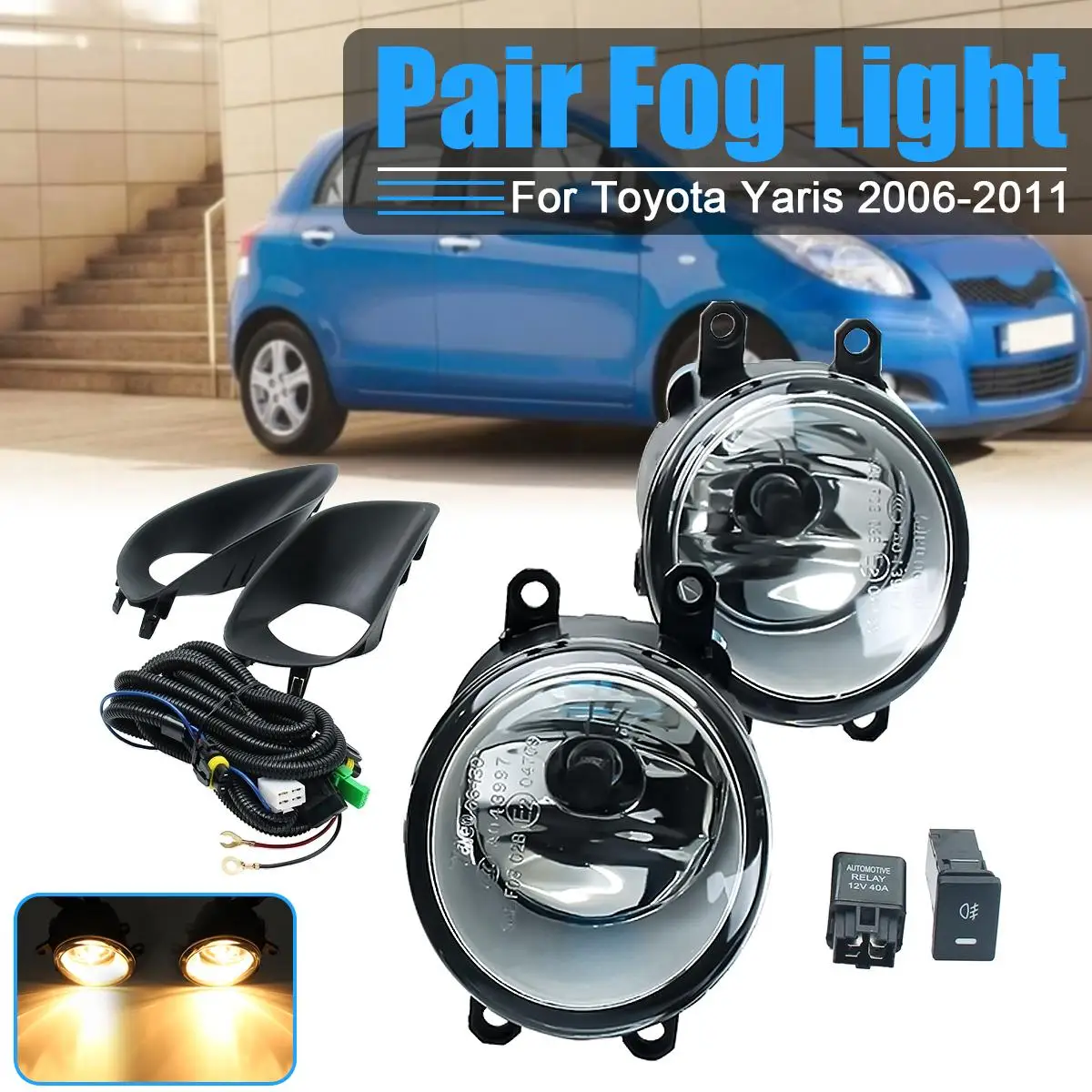 

Pair Car Front Clear Fog Light + Switch Harness Cover For Toyota Yaris Sedan 4DR 2006 2007 2008 2009 2010 2011