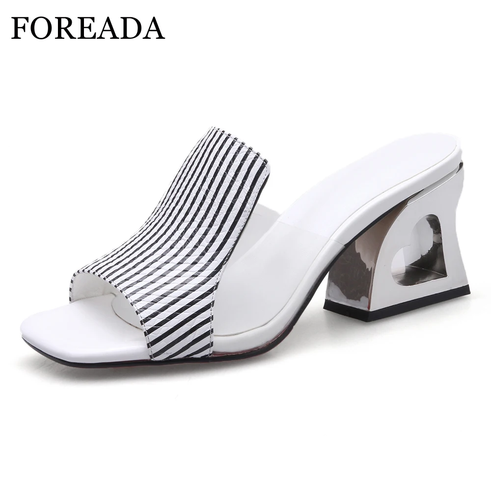 

FOREADA Summer Slides Women Shoes Natural Genuine Leather Fretwork Heels Shoes Transparent Striped Slippers Ladies Sandals 34-39