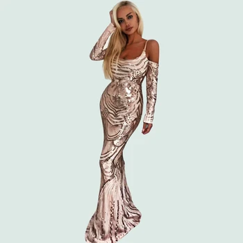 

New Sequin Fashion Gold Short Sleeve Backless Long Sleeve Off The Shoulder Long Mermaid Maxi Evening Celebrity Party Vestidos