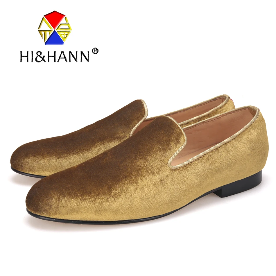 HI& HANN/Классические мужские тапочки ручной работы; Роскошная бархатная обувь золотистого цвета с подошвой из натуральной кожи; мужские лоферы для выпускного вечера