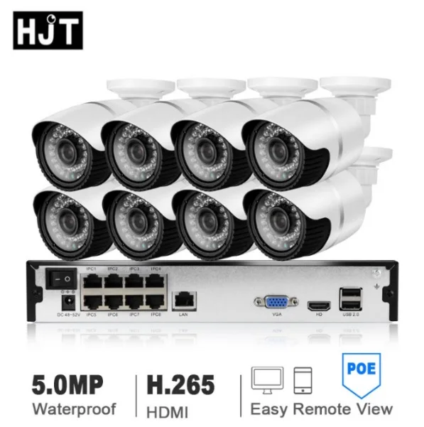 HJT H.265 5.0MP POE 8CH NVR комплект видеонаблюдения Системы IP Камера P2P ИК IP66 Открытый Всепогодный видеонаблюдения комплект