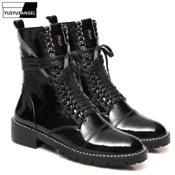 

Brand Cross Tied Side Zipper Boots Women Black Ankle Shoes Patent Leather Round Toe Thick Bottom Platform Knight Boots