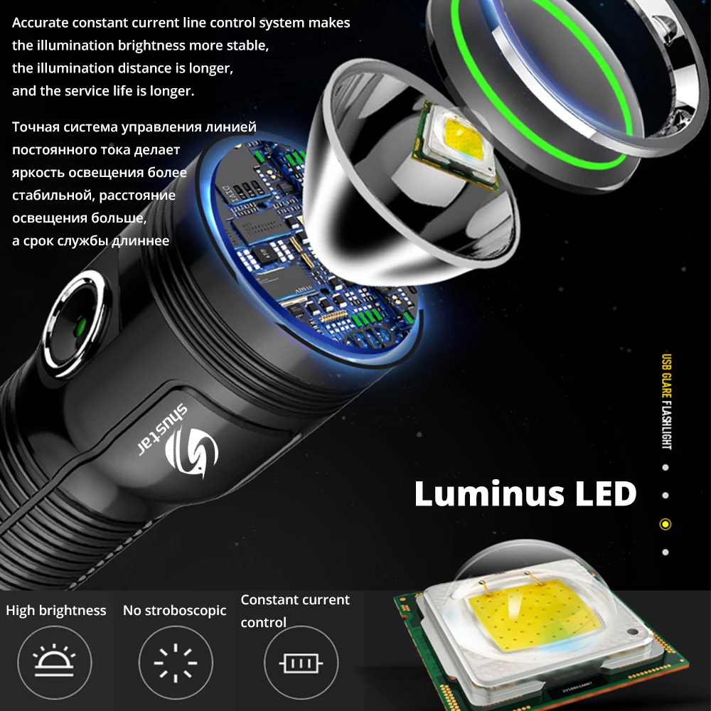 Мощный светодиодный фонарь Luminus, Макс. 1200 люмен, дальность луча 500 м, встроенный большой объем литиевой батареи, уличный фонарь