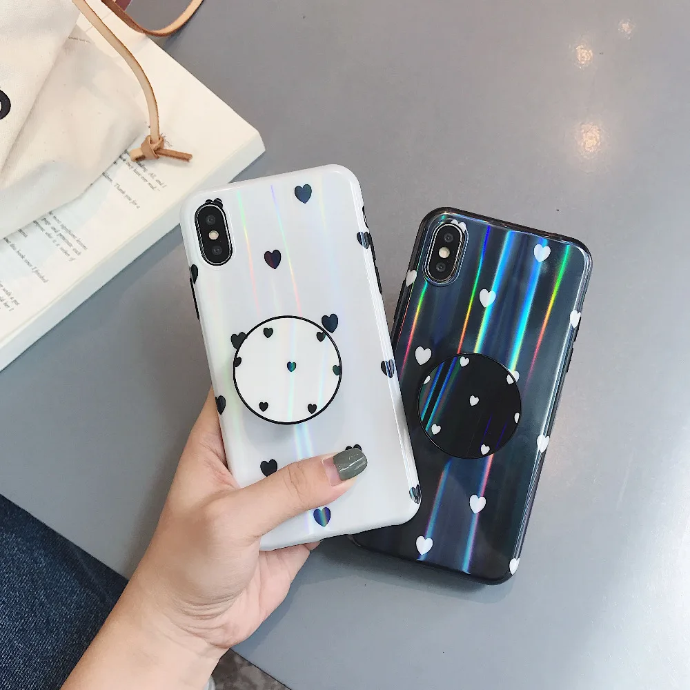 

Laser hot heart love white case IMD process Anti-fade Soft TPU expand grip stand cover for iPhone X XS MAX 8 7 6 6S plus XR