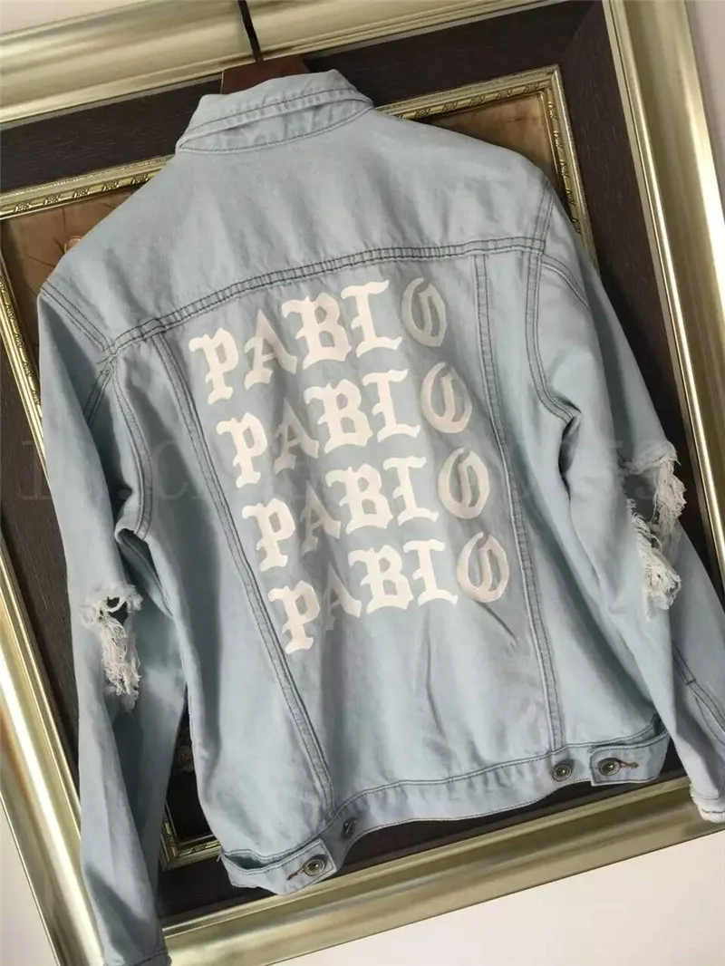 2017 Newest TOP oversized Jacket PABLO Denim Coats hiphop broken hole jean