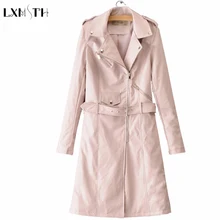 Модные женские туфли Длинная кожаная куртка на молнии Искусственная кожа пальто Женская ветровка Повседневное пояса повседневные куртки для дам