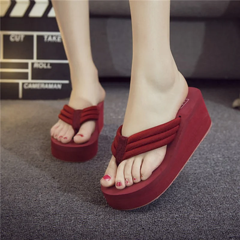 

2019 summer thick-soled cloth with flip-flops female large size handmade sandals slippers non-slip high-heeled sandals