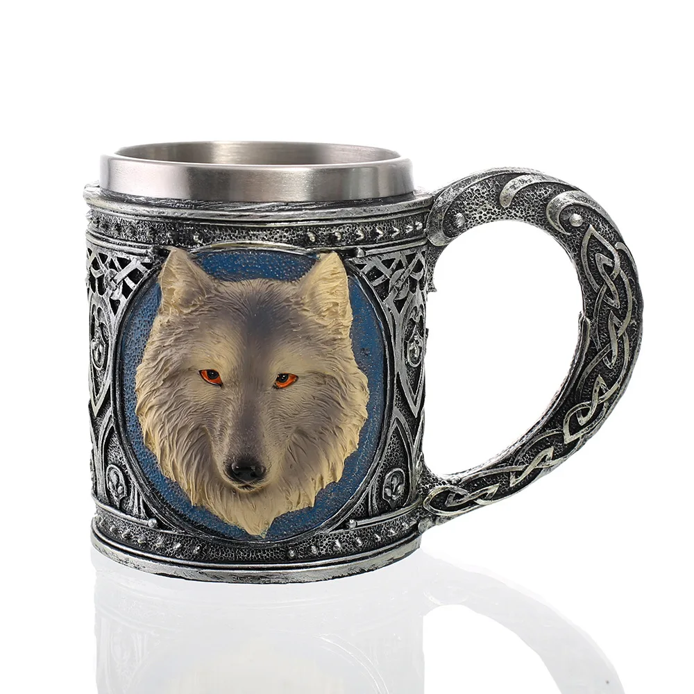 

Retro Style 3D Wolf King Pattern Coffee Mug,Resin Stainless Steel Wolf Cups Drinking Tea Beer Mug Animal Milk Mug