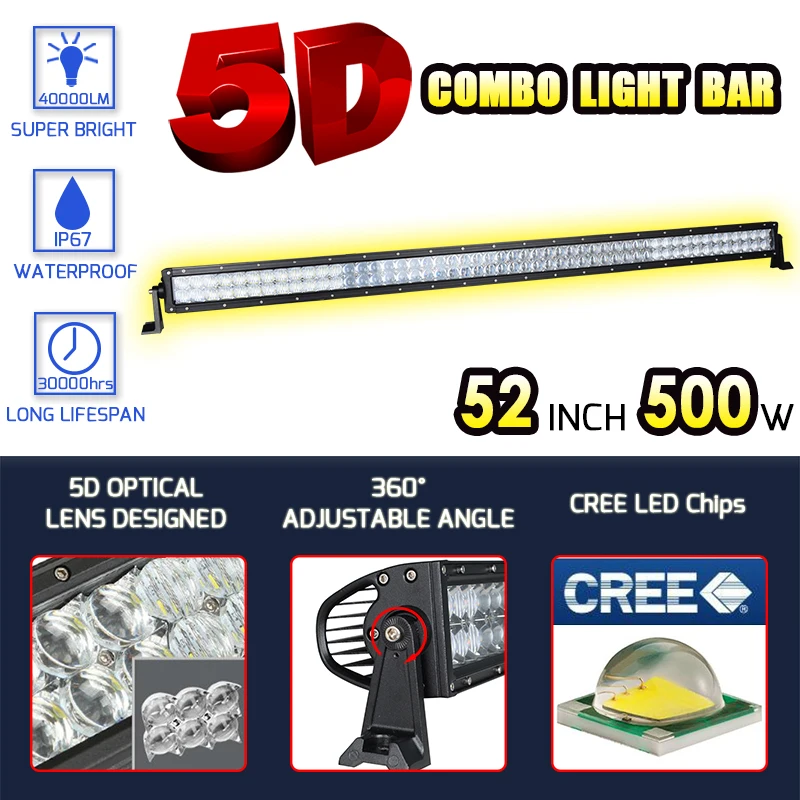 Racbox Off Road 500W 52 inch LED Light Bar  + 2pcs 4 inch 18W LED Light Bar + Mounting Brackets Kit for Jeep Wrangler JK 07-15