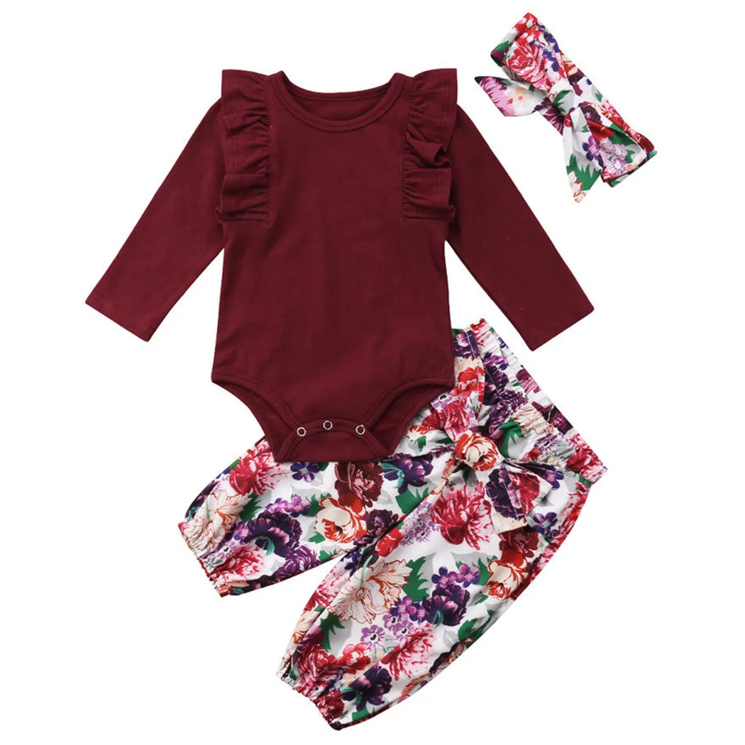 Newborn Infant Baby Girls Clothes Sets 3PCS Ruffles Solid Long Sleeve Romper Tops Floral Pants