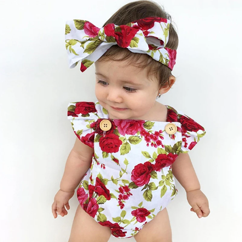 

Toddler Kids One Pieces Outfits Rompers Newborn Baby Girls Summer Floral Printed Clothes Romper+Bowknot Headband
