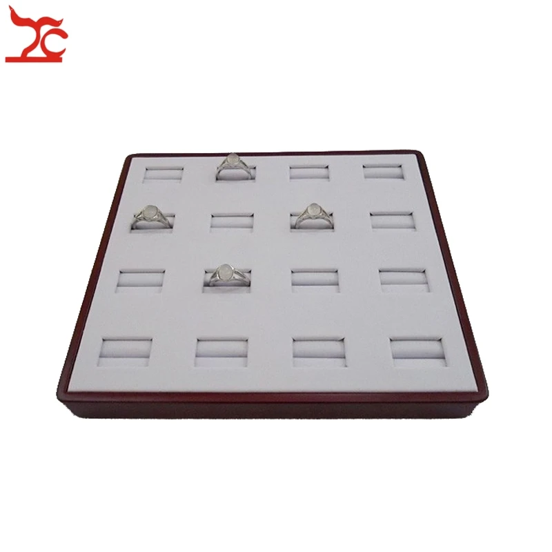 

FREE SHIPPING Wooden Jewellery Display Tray Fine Jewelry Packaging 16 Slots Ring Display box White PU Storage Case