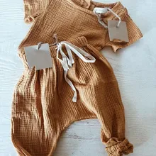 Г. Летние льняные комплекты для маленьких мальчиков и девочек модные повседневные комплекты одежды Топы+ штаны-шаровары детская одежда в европейском и американском стиле