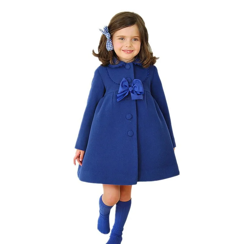 

2018 Fall Winter Girls Woolen Long Jacket Children's Fashion Bow Casual Outerwear Red Purple Blue Kids Little Girl Trench Coat