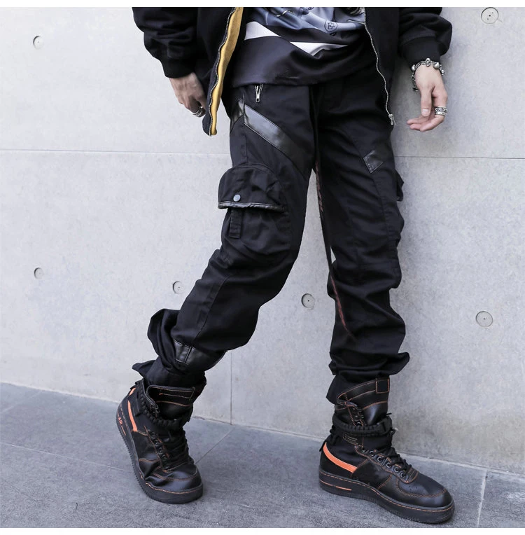 Популярные модные кожаные брюки-карго для мужчин, повседневные брюки в стиле хип-хоп, черные узкие шаровары для бега, мужские брюки с несколькими карманами