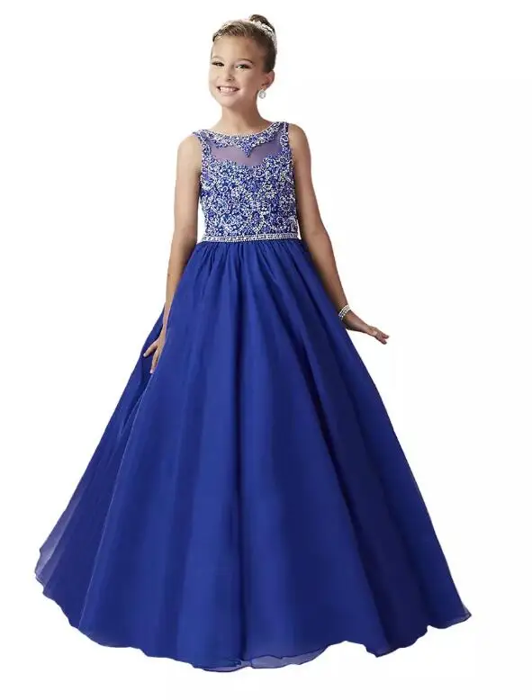 

Royal Blue Luxury Beads Little Girls Pageant Dresses 2017 New Christmas Princess Beads Kids Birthday Party Ball Gown