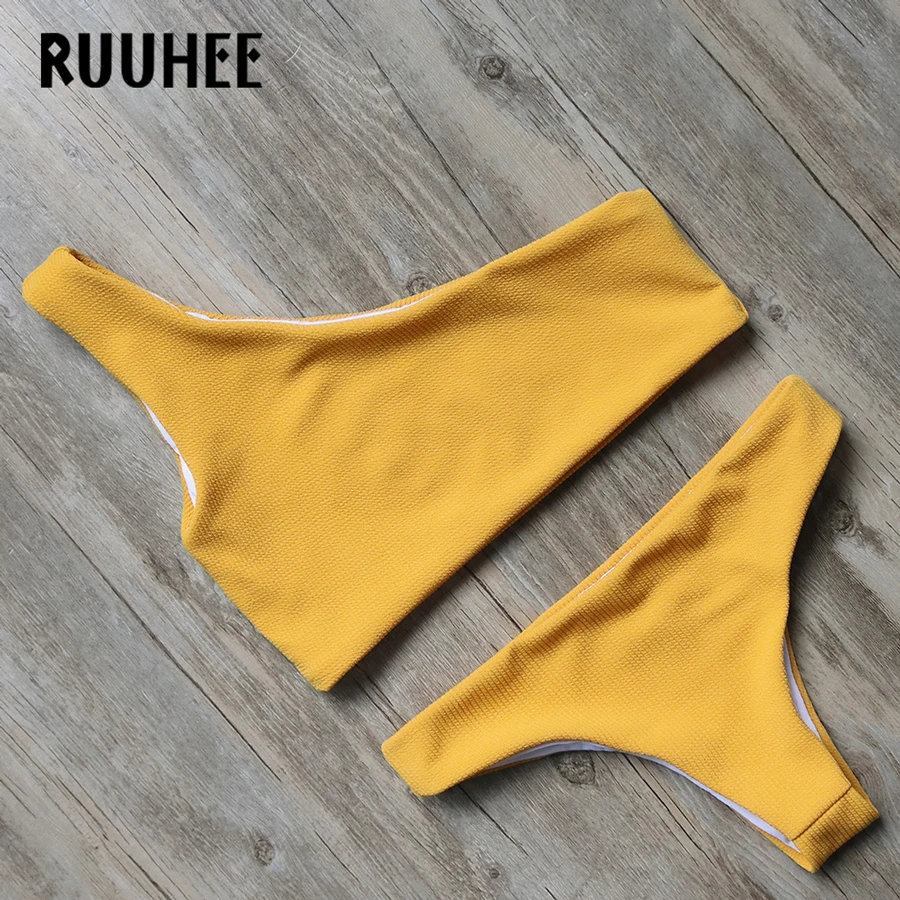 Günstige RUUHEE Solide Bikini 2018 Bademode Frauen Badeanzug One Schulter Badeanzug Bikini Set Sommer Brasilianische Weibliche Bademode Biquini