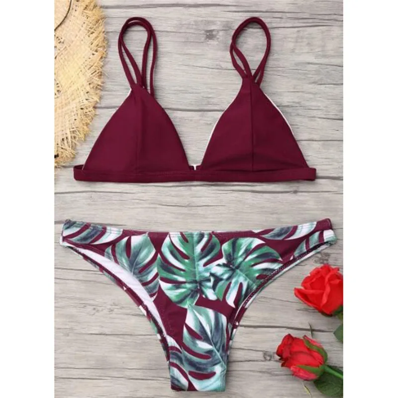2019 Fashion New Women Swimwear Bikini Set Print Leaves Push-Up Padded Bathing Swimsuit Beachwear Bodysuit Beach Wear A23# (10)