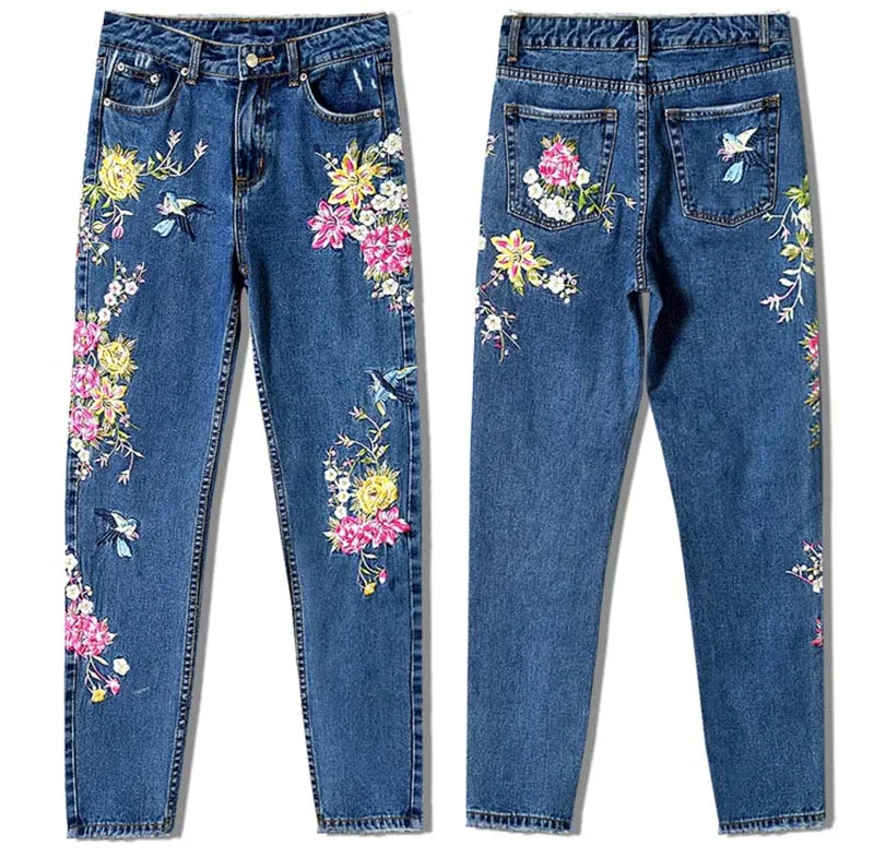 Women's three-dimensional 3D heavy process bird flower front and rear embroidery high waist Slim straight jeans large size system (12)