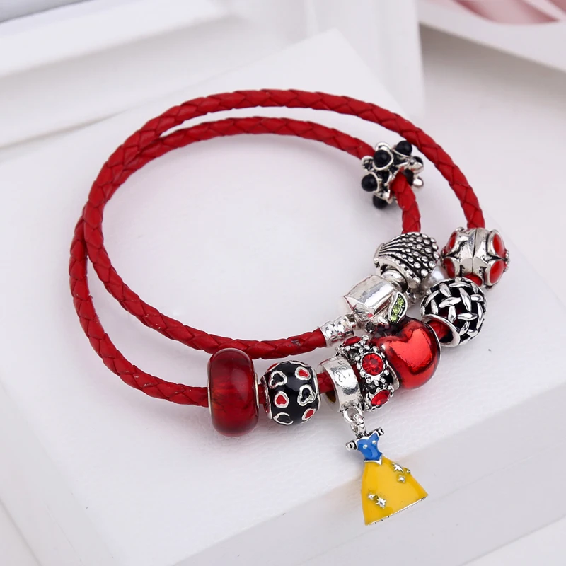 

Wedding Gift Red DIY Real Leaher Charm Women Bangles Snow White Dress Charms Bead Bracelet for Ladies Fashion Love Jewelry