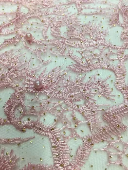 

2017 Latest Pink African French Lace Net Fabric High Quality Nigeria Lace Fabrics with beads For Wedding D1749