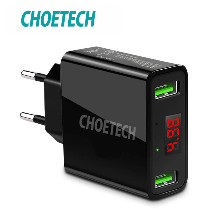 

CHOETECH Dual USB Charger LED Display 5V 2.2A Smart Charging US EU Plug Wall Travel Charger for iPhone X Phone Chargers Adapter