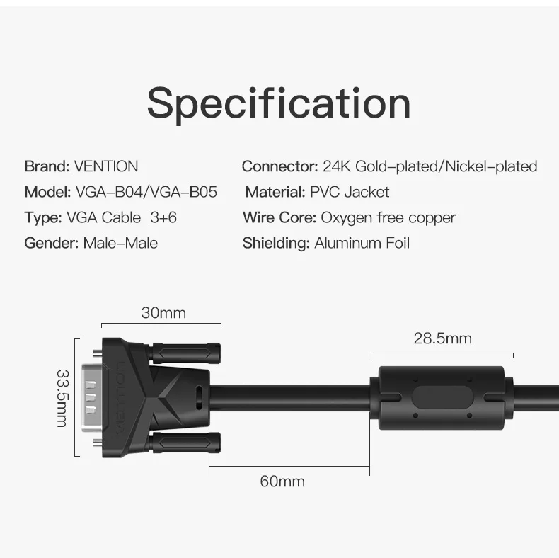 Кабель Vention VGA 3+ 6, 1,5 м, 2 м, 3 м, 5 м, 20 м, экранированный плетеный кабель VGA на VGA для HD телевизора, ПК, ноутбука, ТВ-бокса, проектора, монитора, кабель vga