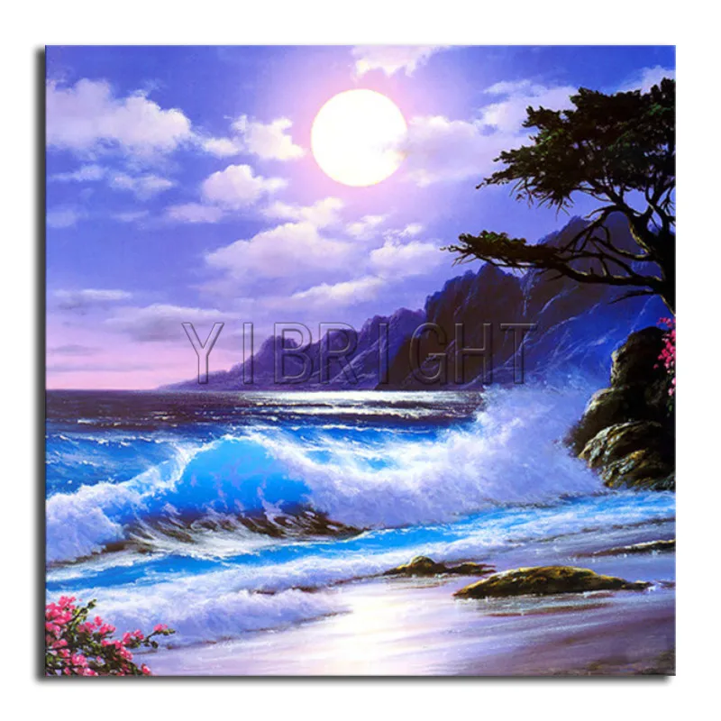 Full Round Diamond embroidery Cross stitch sea seaside DIY 3D mosaic wave Square painting landscape moon | Дом и сад