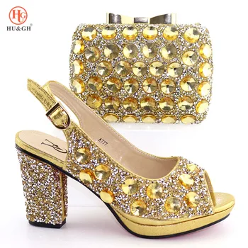 

2019 African Gold Color Shoes with Matching Bag for Woman Italian Design Shoes and Bag Set with Heels Wedding Shoe and Bag Set