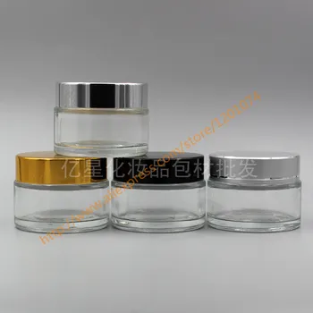 

50g clear glass cream jar with shiny silver/black/gold/matte silver aluminum lid, 50 gram cosmetic jar,glass container