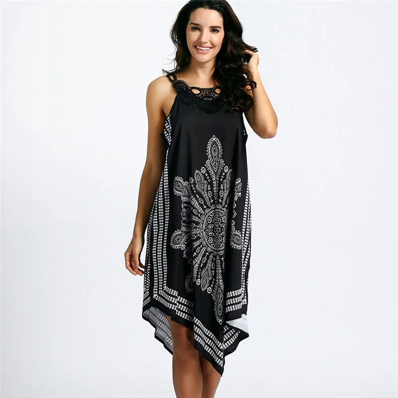 HOT Sell dress summer 2018 Women Ladies Lace Splice Printing Sleeveless Mini Dress Summer Beach Dress vestidos robe J18#N (2)