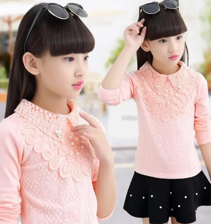 Коллекция года, осенне-зимняя школьная блуза с длинными рукавами и кружевным жемчугом для девочек белые топы и блузки для маленьких девочек Детские рубашки JW4943 - Цвет: lace pearls pink